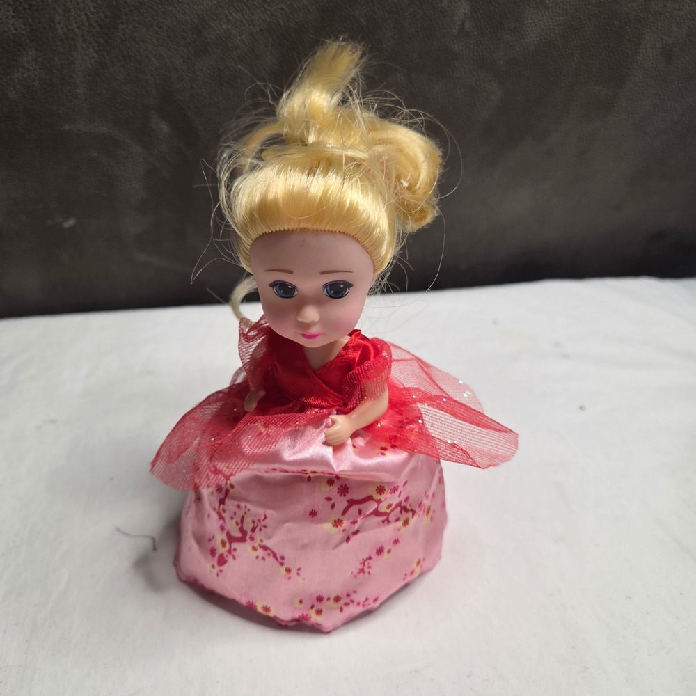 Cupcake Doll Pink Floral Dress with Red Top Sparkly Overlay‎ Blonde 90s Vintage